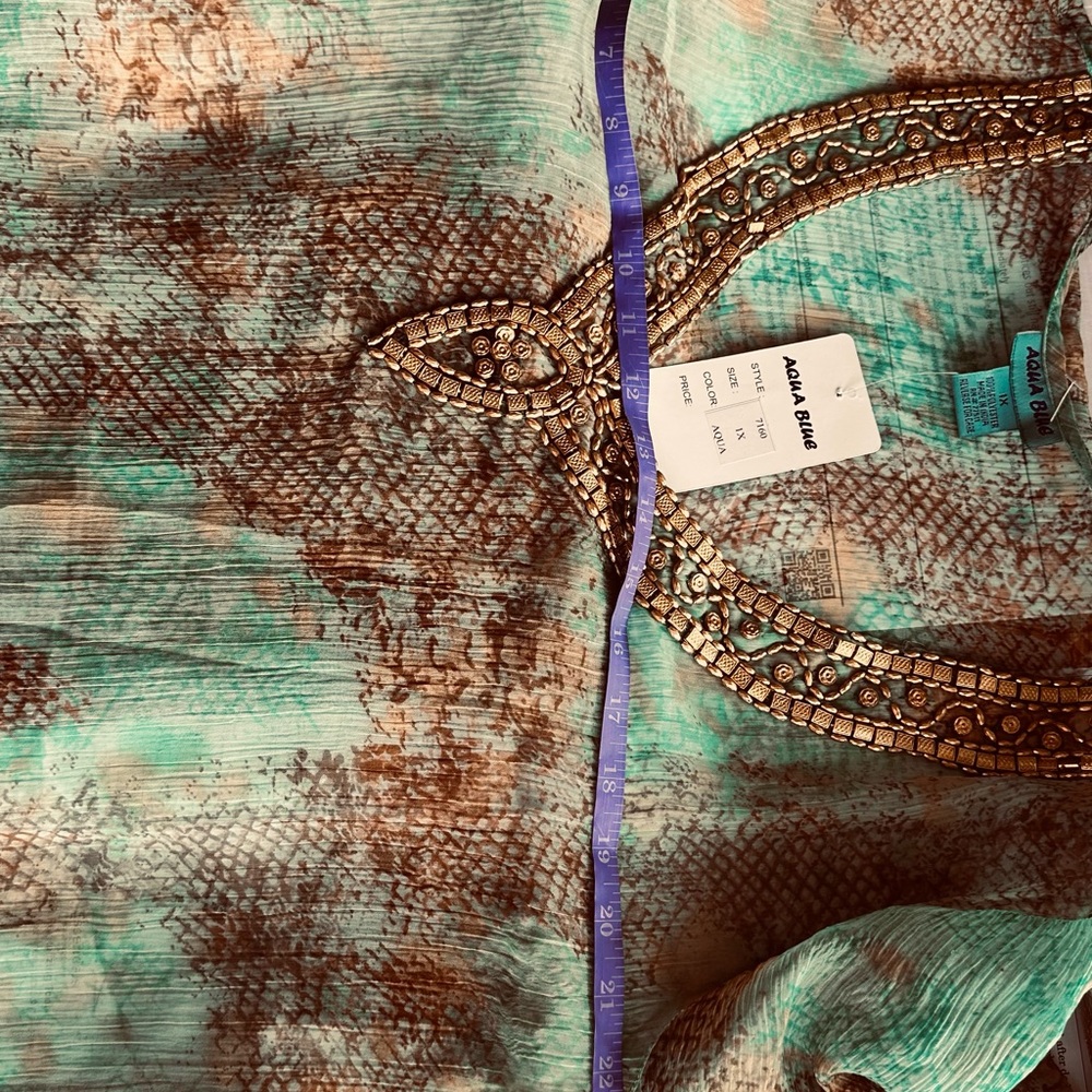 Aqua Blu Teal and Brown embellished neckline Sheer , 1X, bust 23" across NWT - Picture 9 of 9